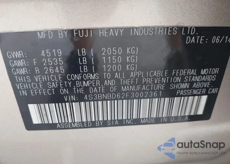 2015 Subaru Legacy 2.5I Premium z USA, uszkodzony, nr VIN 4S3BNBD62F3002361